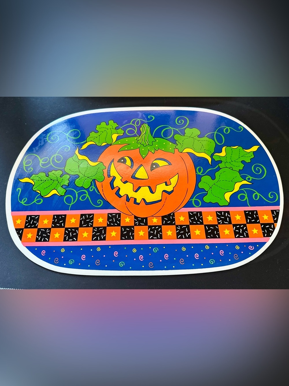 Vtg 1990s Halloween Vinyl Placemat Lot 3 Pumpkin Jack O Lantern Checkered Border
